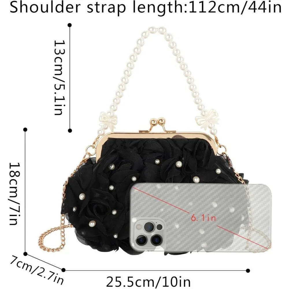 Women Mini Pearl Rose Flower Crossbody Shoulder Bag Top-handle Evening Clutch
